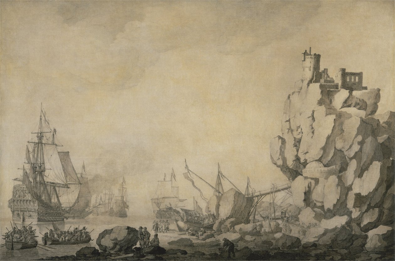 Skibe og milits ved en stenet strand af Willem van de Velde the Elder