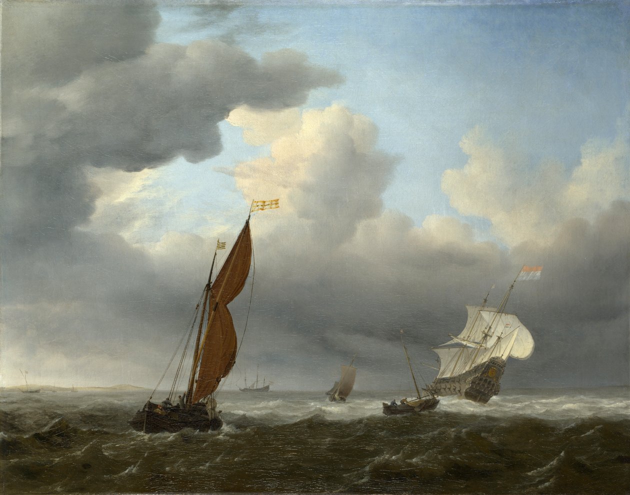 Et hollandsk skib og andre små fartøjer i en stærk brise af Willem van de Velde the Younger