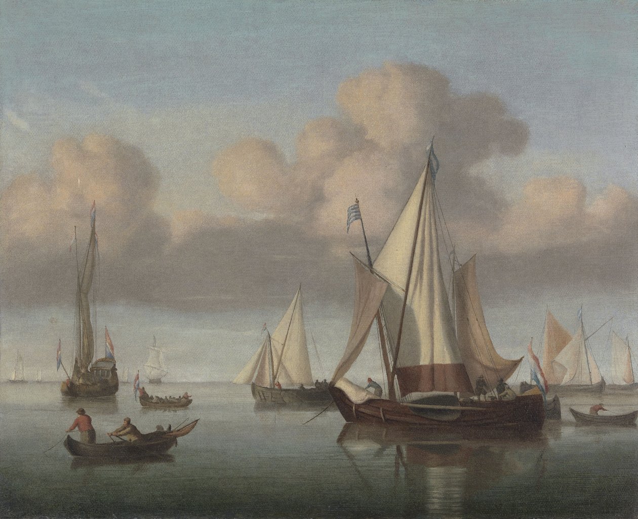 En Kaag ved anker med sejl hejst og en statsyacht og andet fartøj af Willem van de Velde the Younger