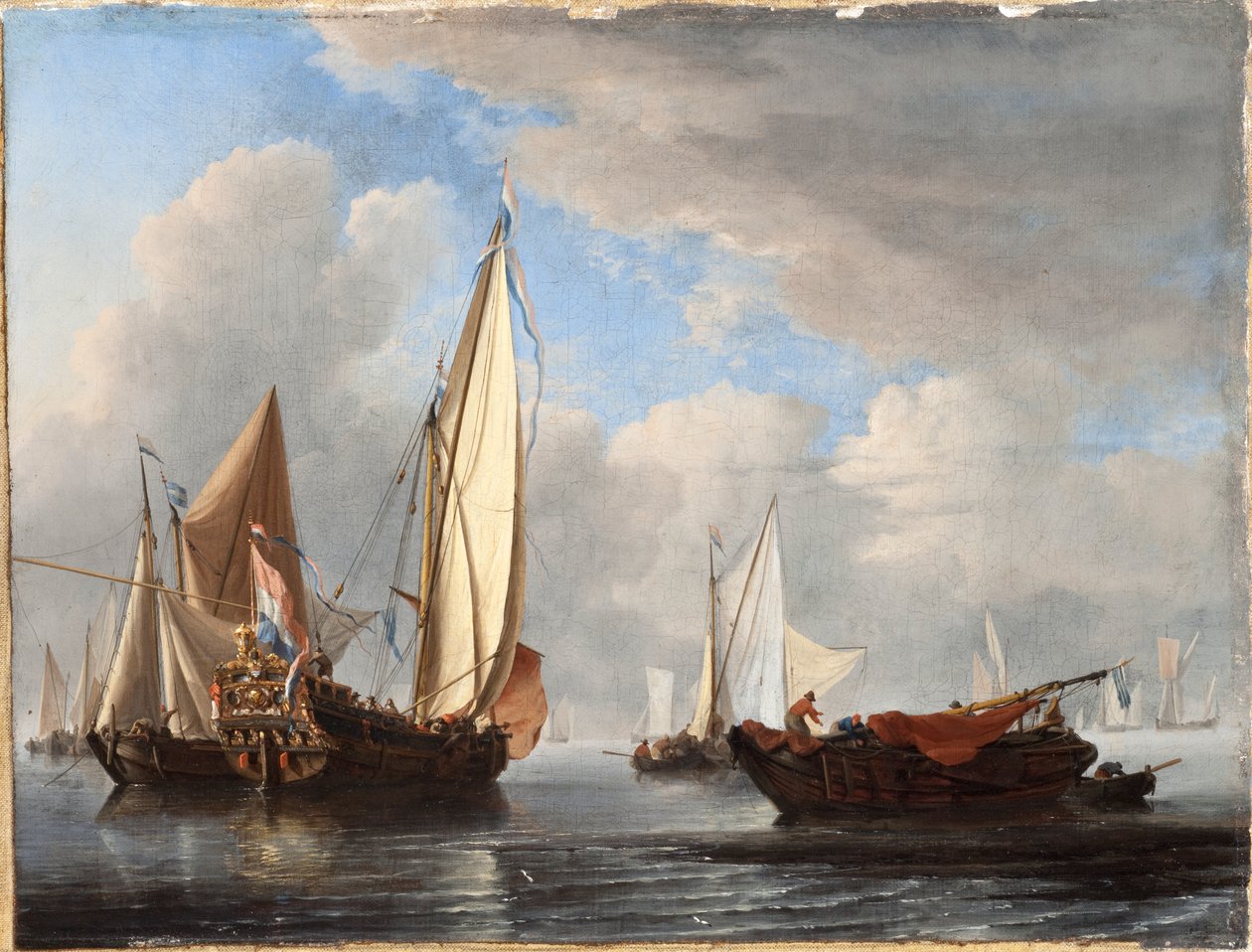 En yacht og andre fartøjer i ro af Willem van de Velde the Younger