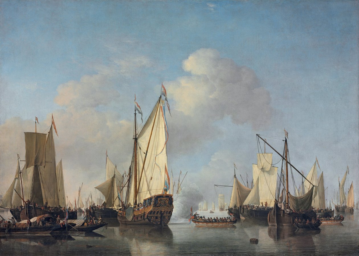 En States Yacht og andre fartøjer i en meget let luft af Willem van de Velde the Younger