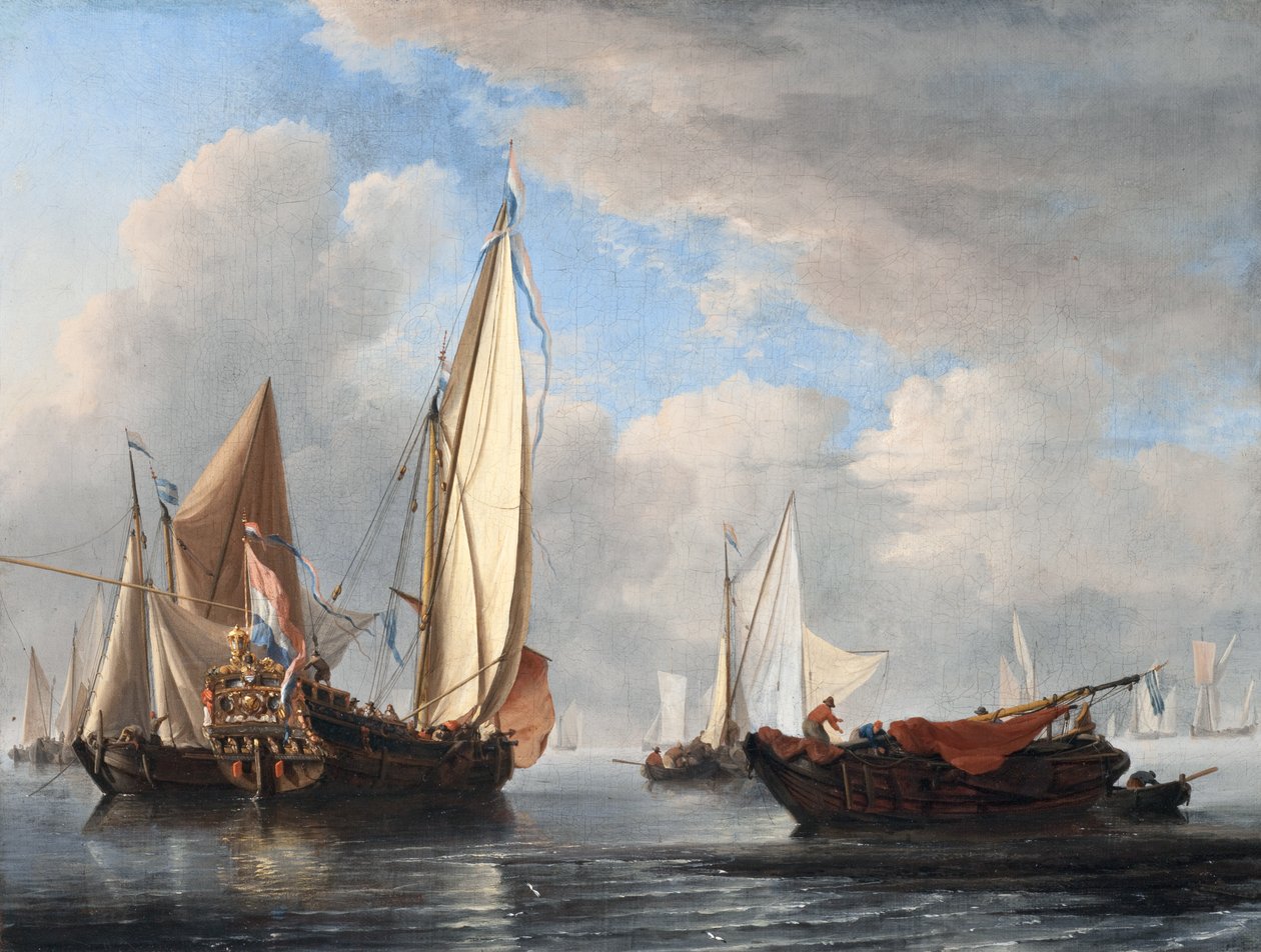 En yacht og andre fartøjer i ro af Willem van de Velde the Younger