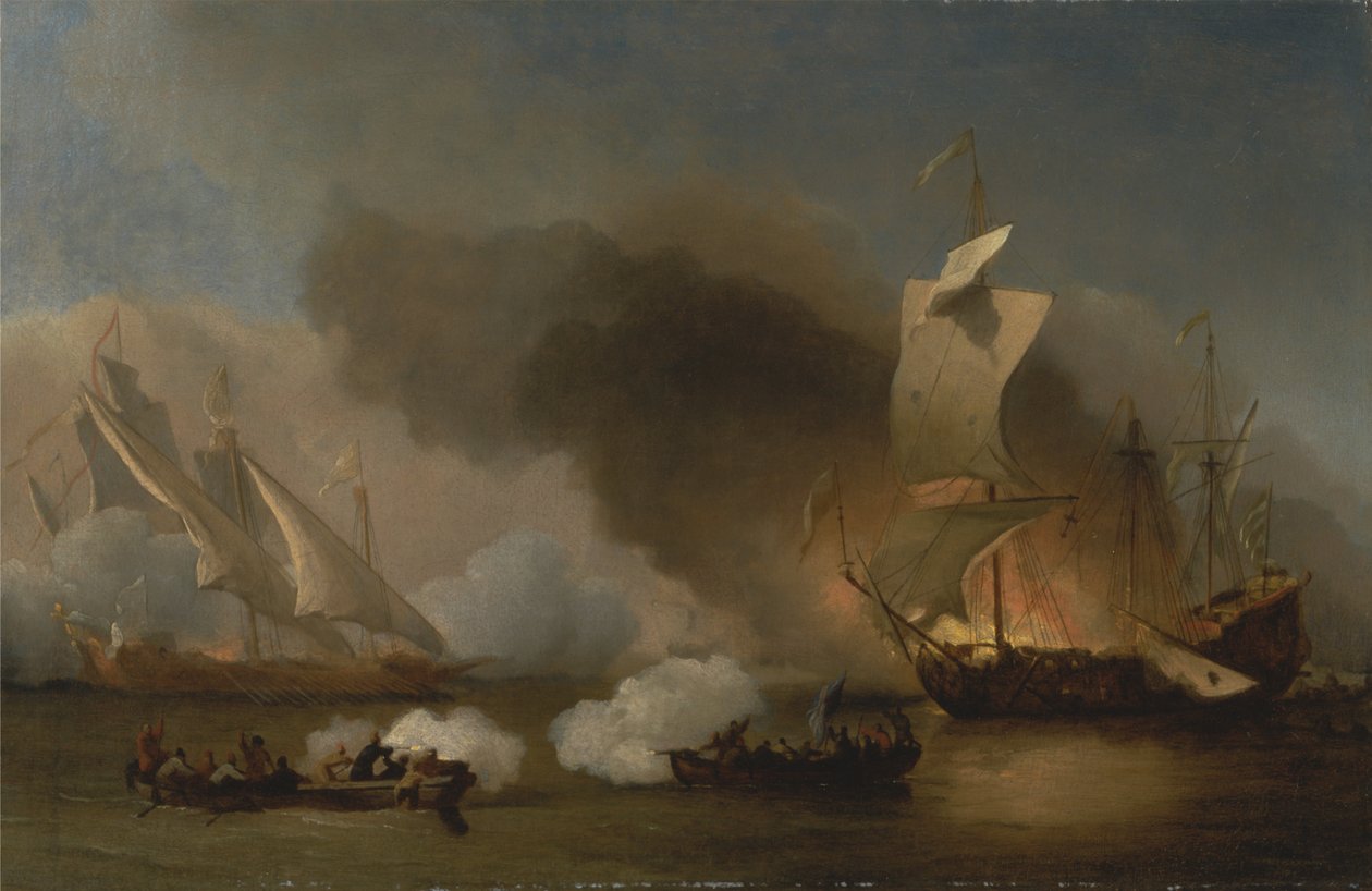 En aktion ud for Barbarykysten med galejer og engelske skibe af Willem van de Velde the Younger
