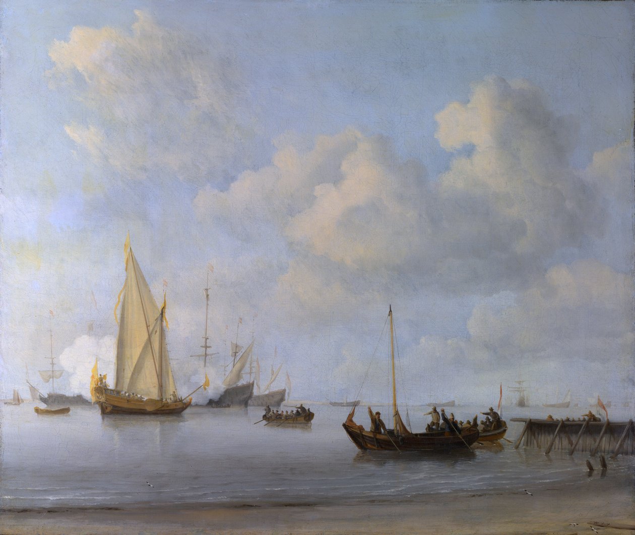 Både trækker ud til en yacht i ro af Willem van de Velde the Younger