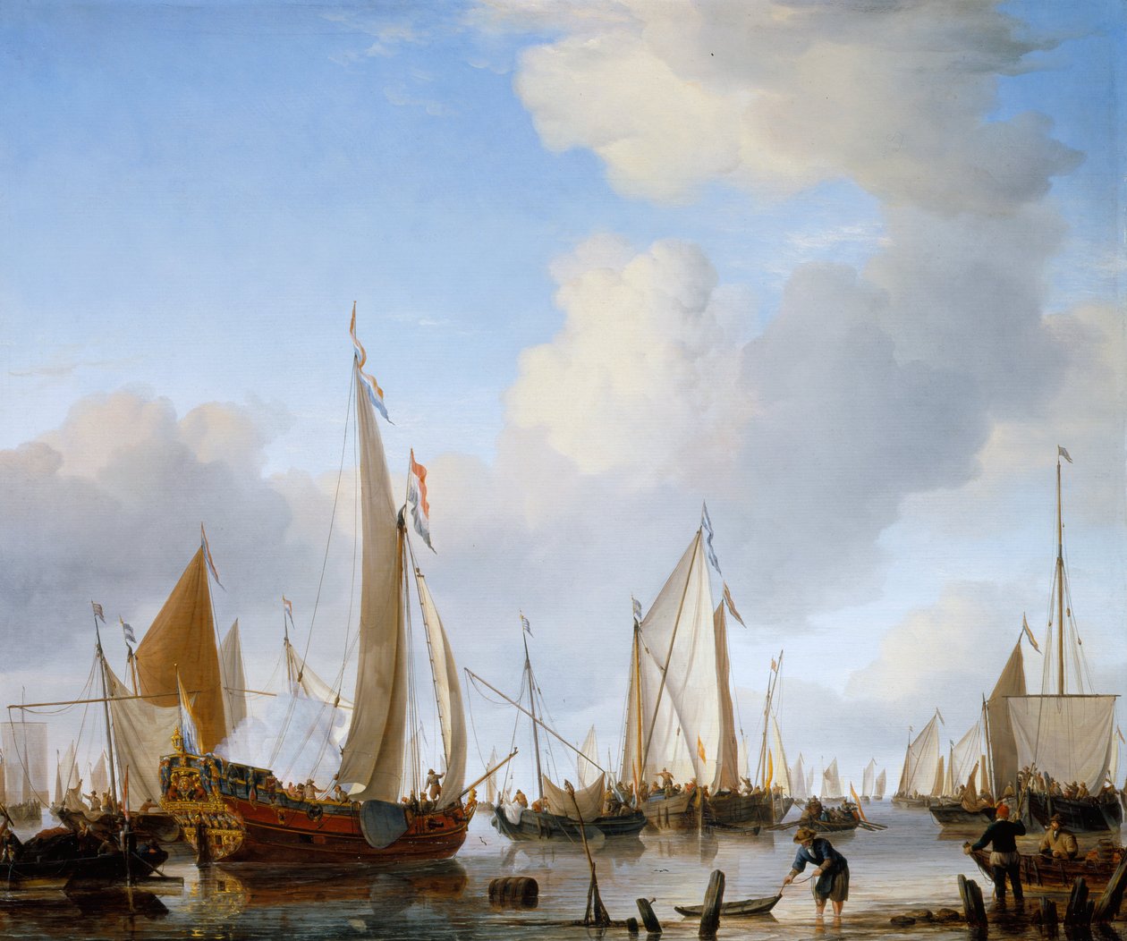 Calm- A States Yacht under sejl tæt på kysten med mange andre fartøjer af Willem van de Velde the Younger