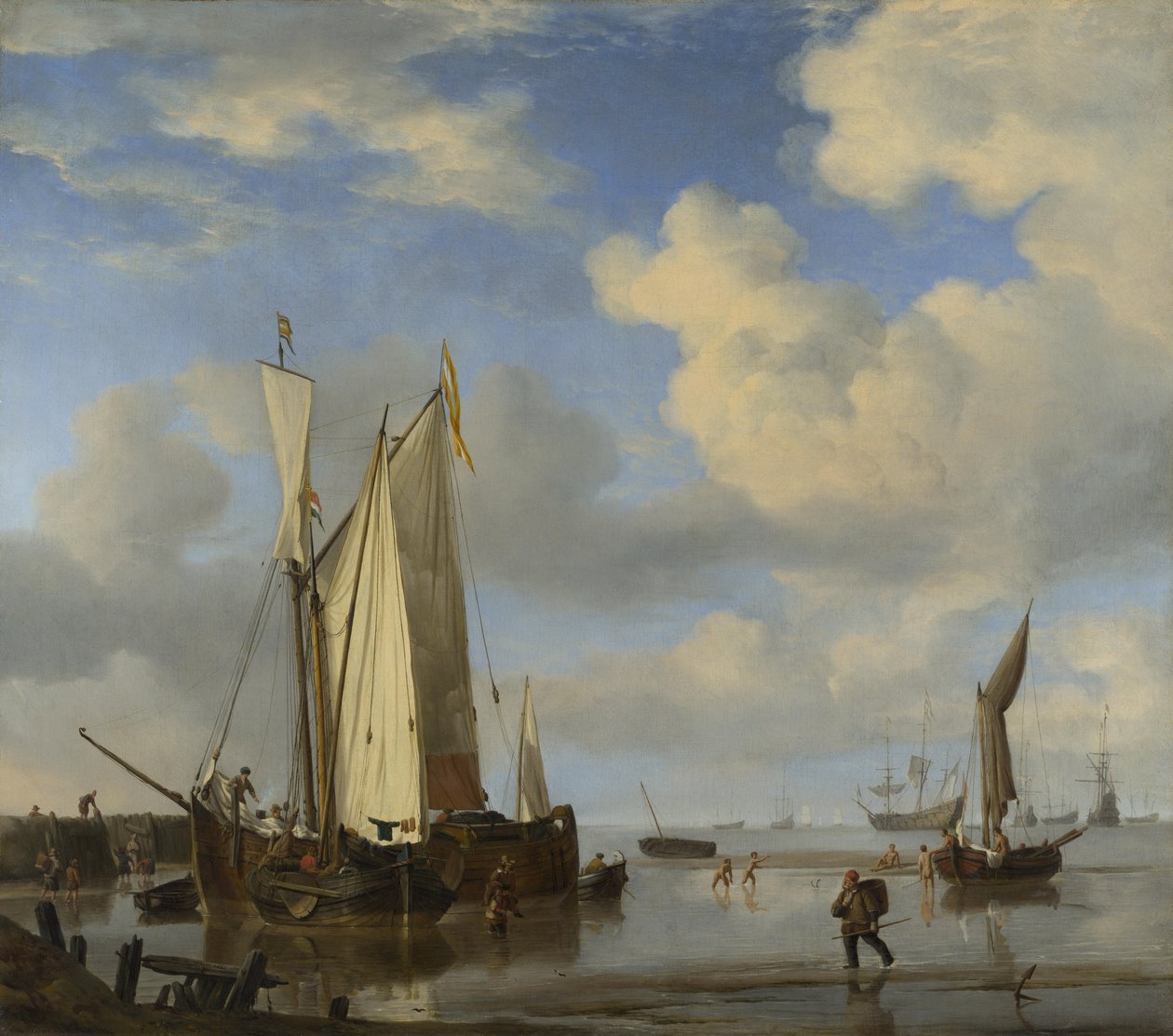 Hollandske fartøjer lukker Inshore ved lavvande og mænd, der bader af Willem van de Velde the Younger