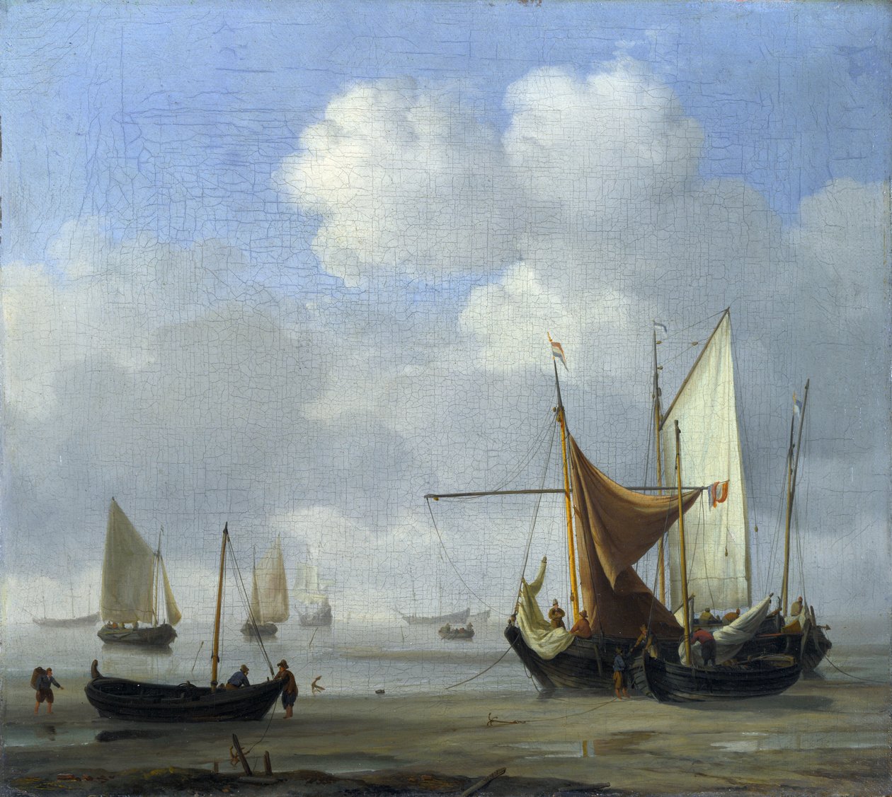 Små hollandske fartøjer lander ved lavt vand i ro af Willem van de Velde the Younger