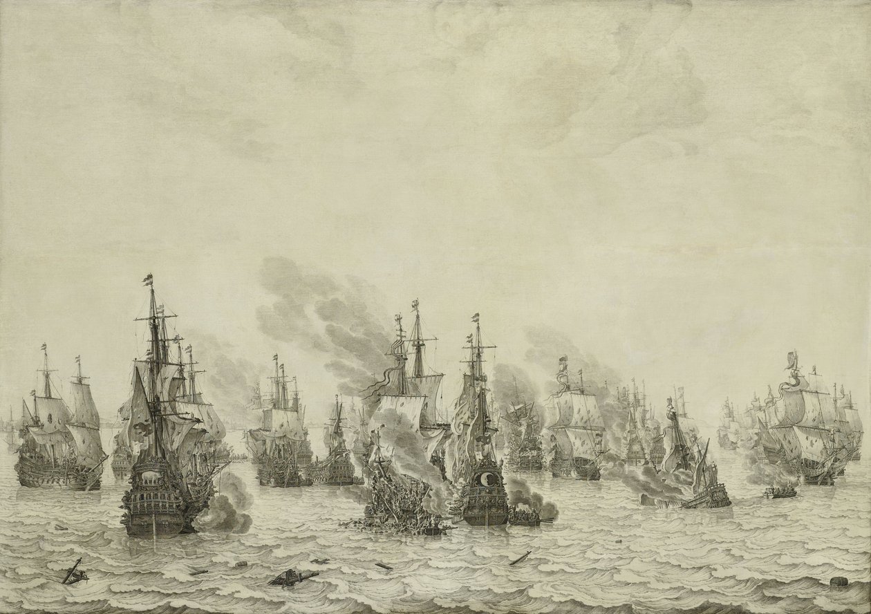 Slaget ved Livorno eller Leghorn, ca. 1659-99 (penmaleri på panel) af Willem van de Velde the Elder