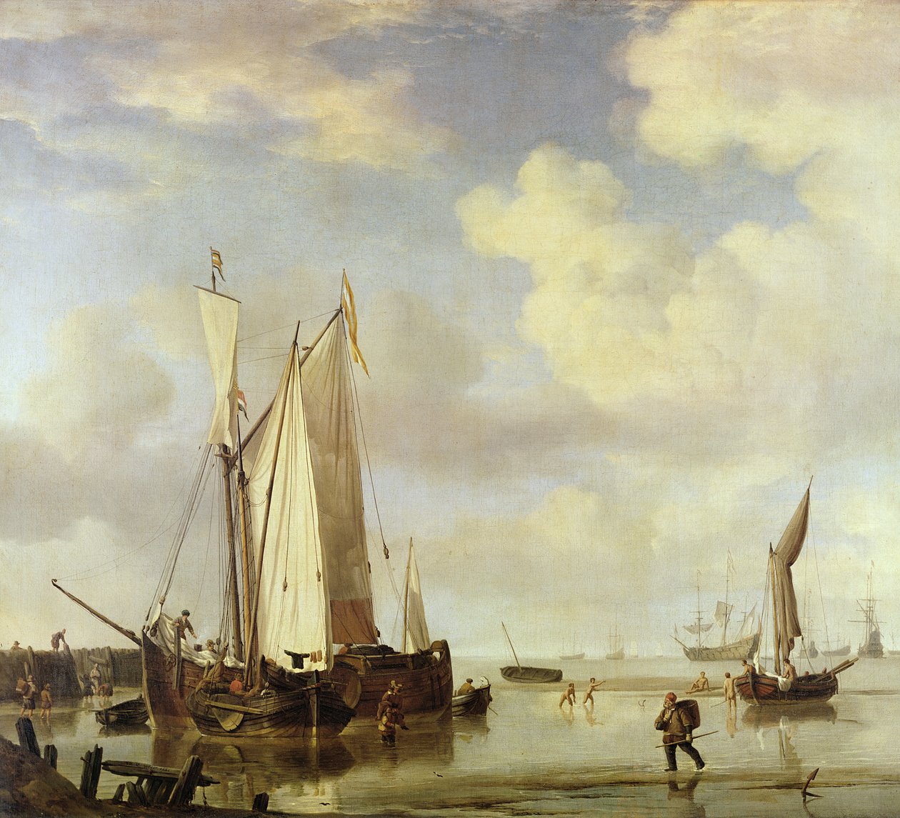 Hollandske skibe på land og badende mænd, 1661 af Willem van de Velde the Younger