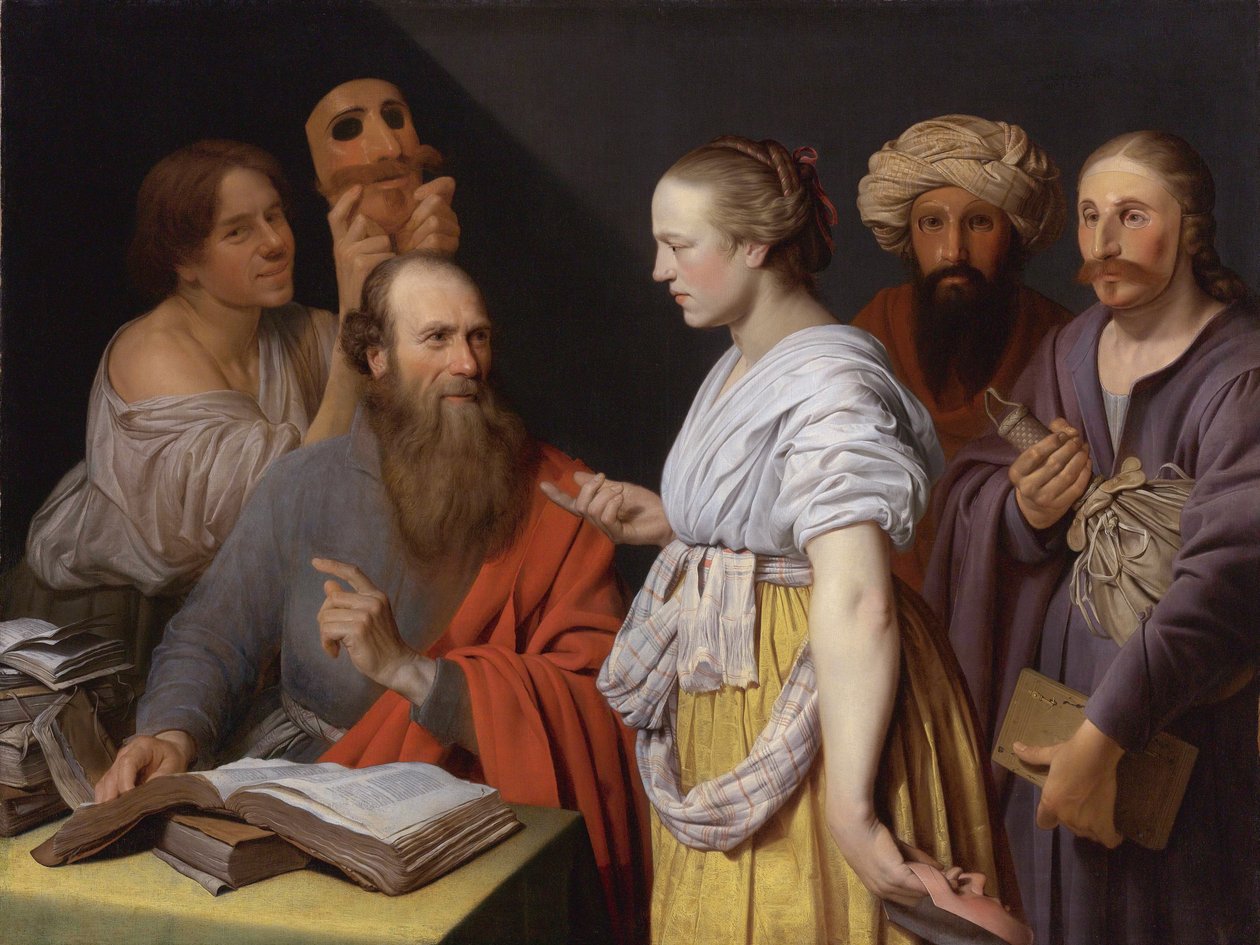 En lærd i sit studie med figurer med masker af Willem van der Vliet