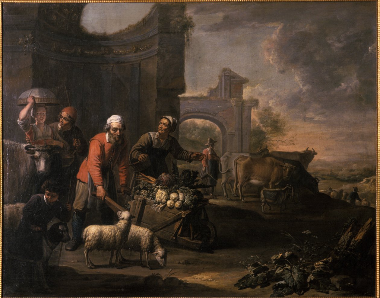En mand med en klapvogn fuld af grøntsager af Willem van the Elder Herp