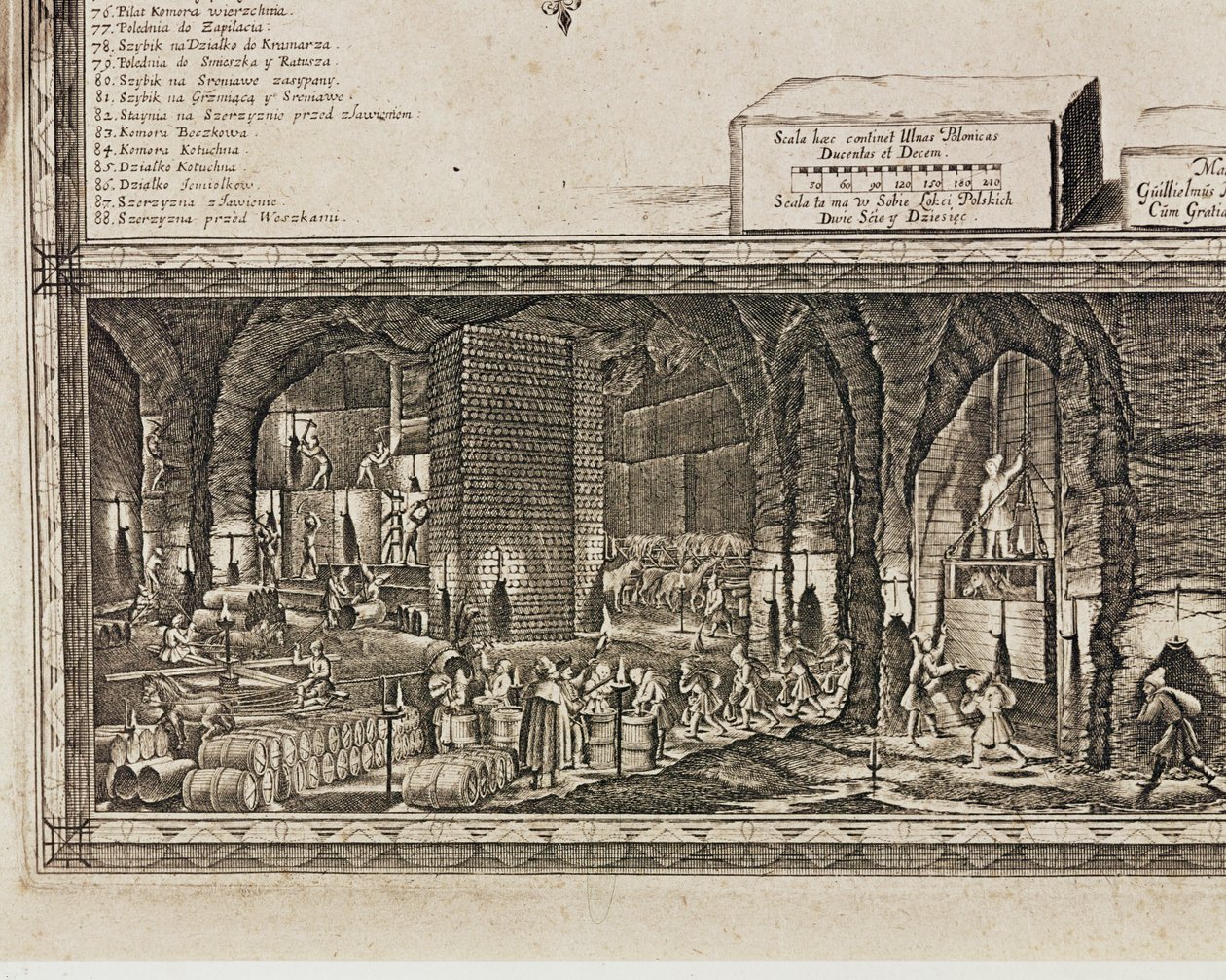 Saltminerne i Wieliczka nær Krakow producerede omkring en tredjedel af de polske kongers indtægter ... (gravering) af Willem (c.1597 1660) Hondius