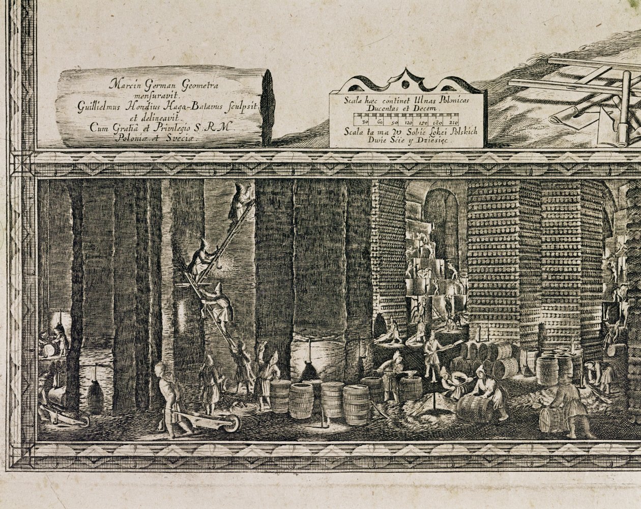 Saltminerne i Wieliczka nær Krakow producerede omkring en tredjedel af de polske kongers indtægter ... (gravering) af Willem (c.1597 1660) Hondius