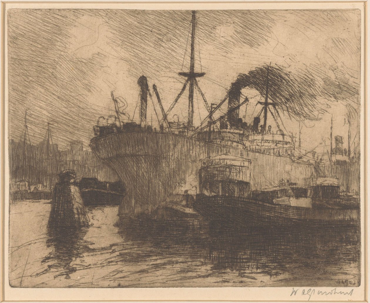 Fortøjede skibe i havnen i Rotterdam af Willem Adrianus Grondhout (signed by artist)