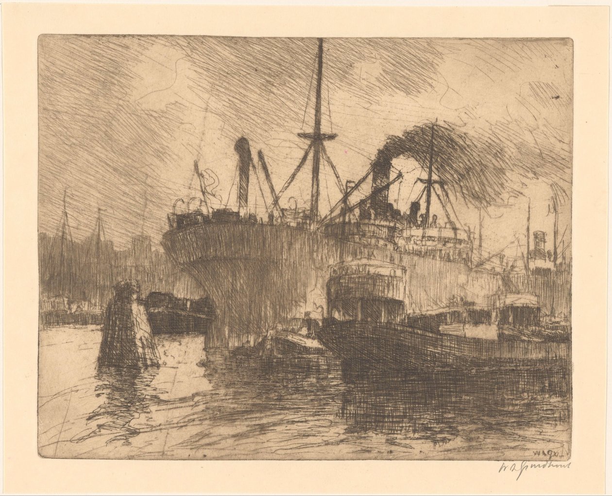 Fortøjede skibe i havnen i Rotterdam af Willem Adrianus Grondhout (signed by artist)