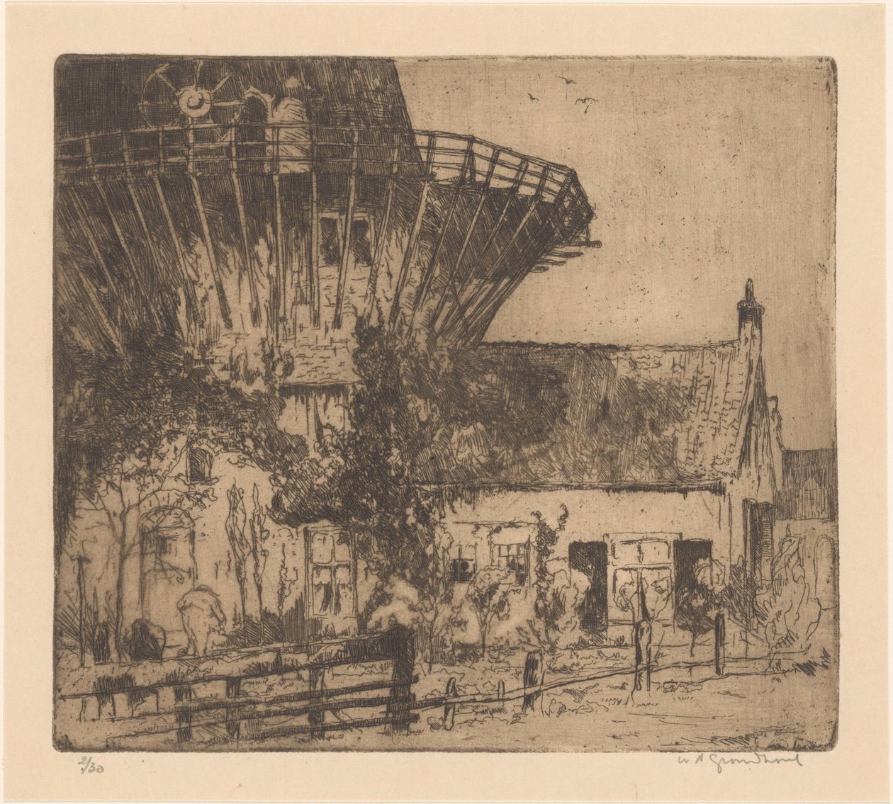 Hus ved foden af ​​en tårnmølle i Leidschendam af Willem Adrianus Grondhout (signed by artist)