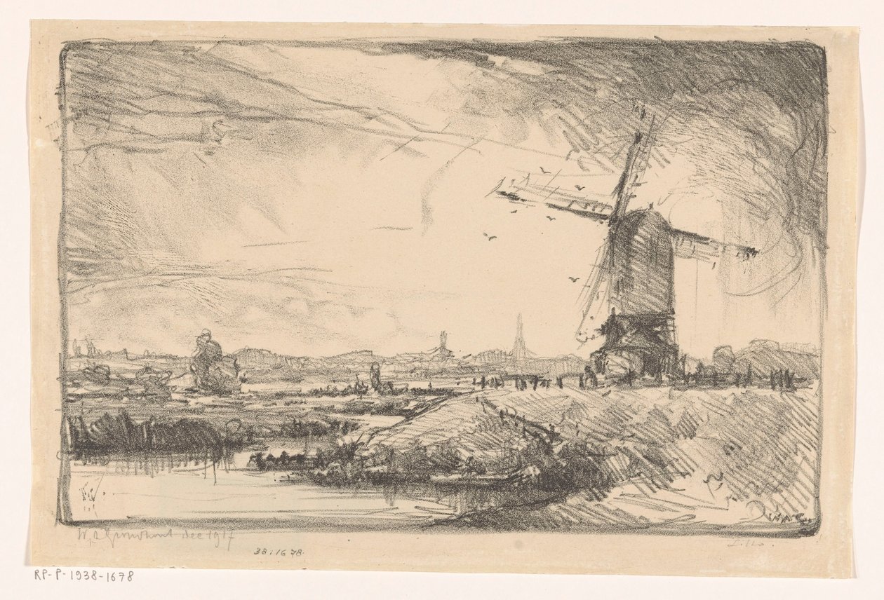 Landskab med vindmølle nær Leiden af Willem Adrianus Grondhout (signed by artist)