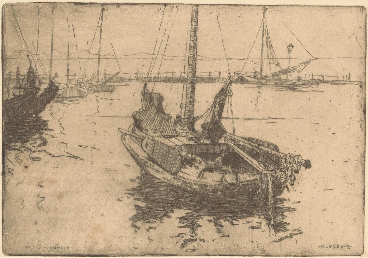 Pramme i havnen i Volendam af Willem Adrianus Grondhout (signed by artist)