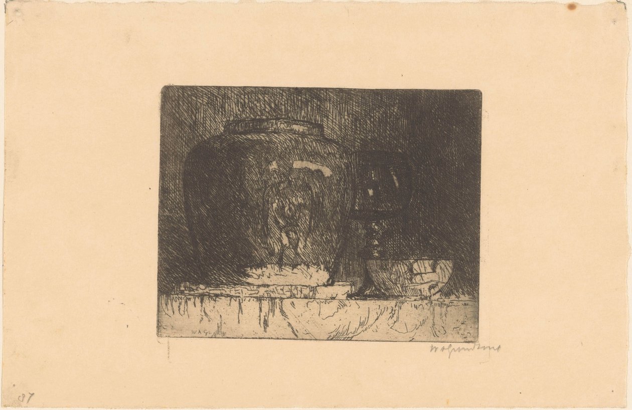 Stilleben med ingefærkrukke, vinglas og skål af Willem Adrianus Grondhout (signed by artist)