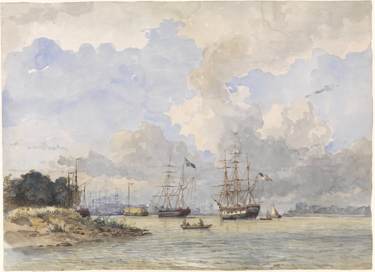 Maas til Rotterdam, med et amerikansk og svensk skib af Willem Anthonie van Deventer
