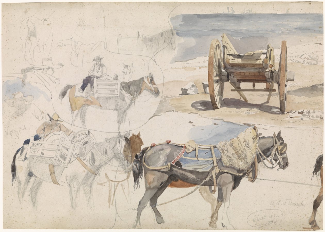 Studieark med skalvogn på stranden og diverse undersøgelser af heste af Willem Anthonie van Deventer