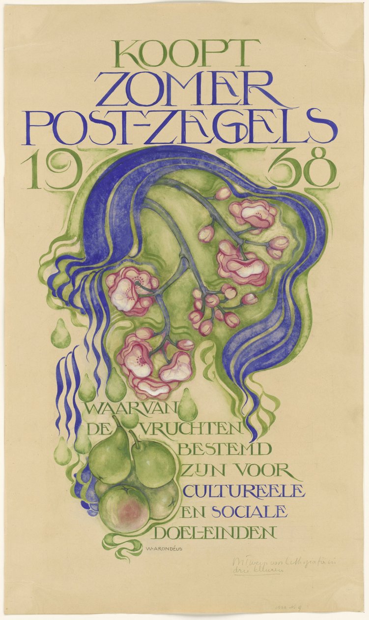 Design til en plakat til salg af sommerfrimærker for året 1938 af Willem Arondéus (signed by artist)