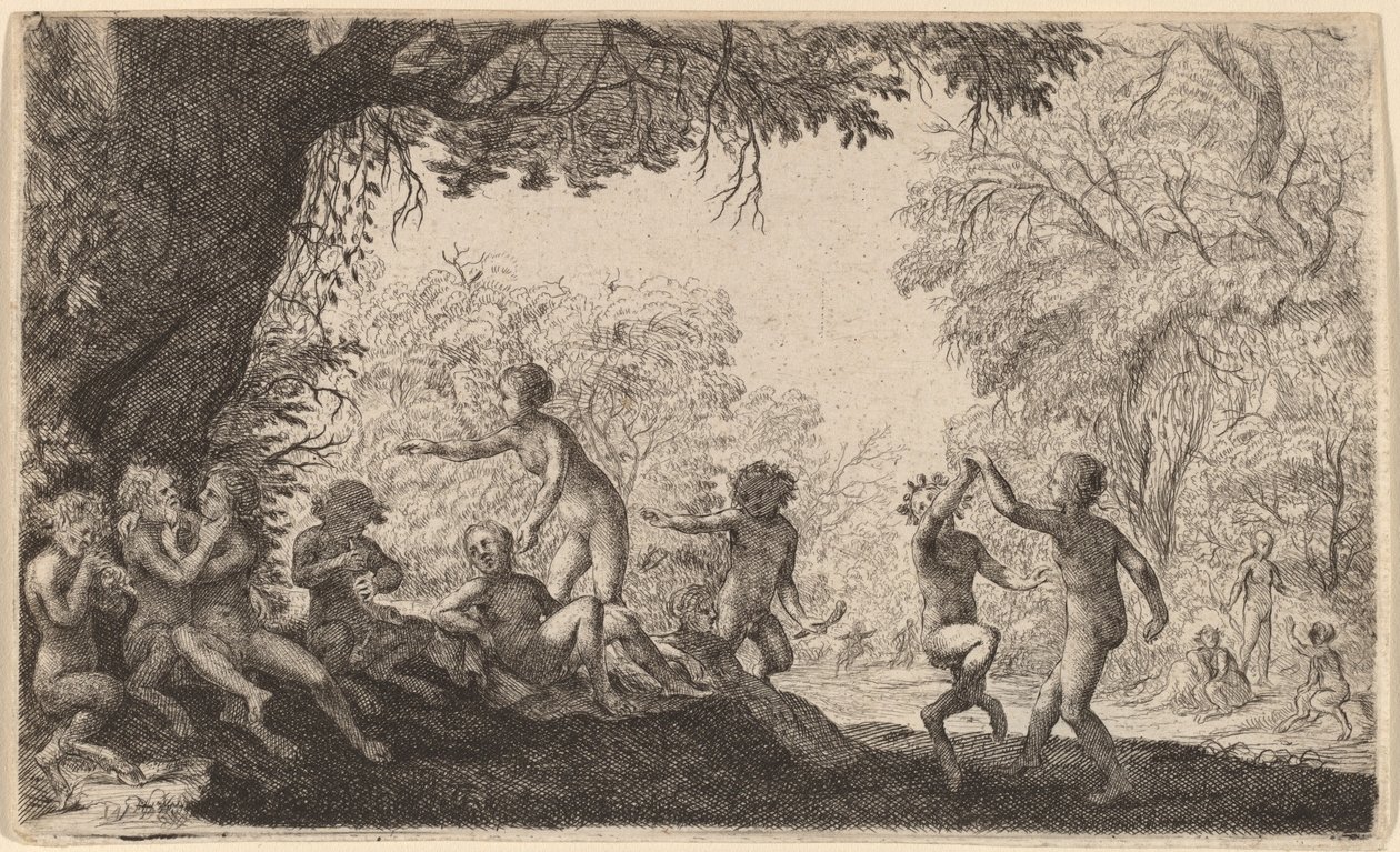 Bacchanal med et dansende par til højre. af Willem Basse