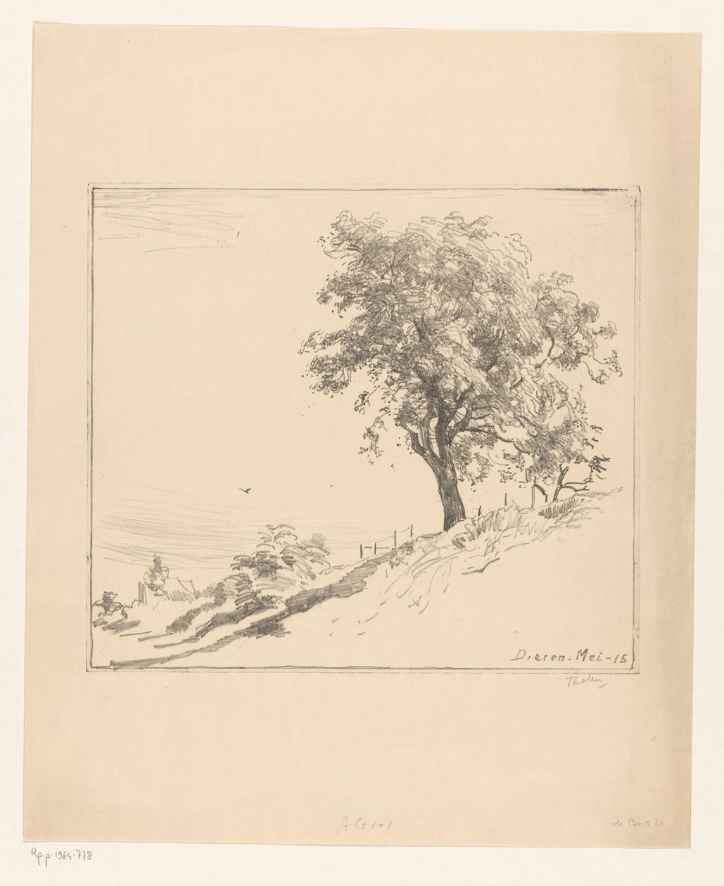 Landskab med et træ på et dige i Dieren Træ på diget (original titel) af Willem Bastiaan Tholen (signed by artist)