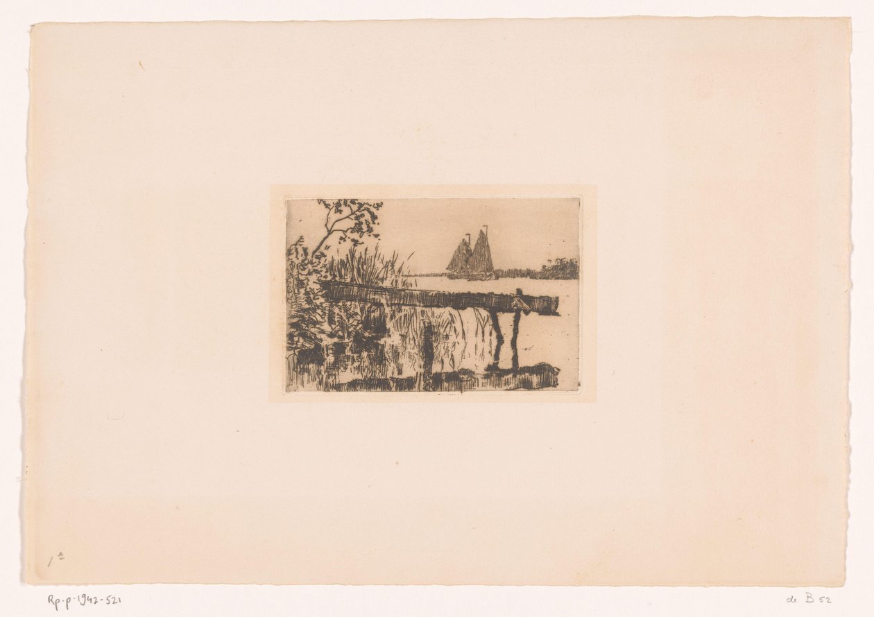 Landgang på bredden, bagved to sejlbåde Mørk (original titel) af Willem Bastiaan Tholen