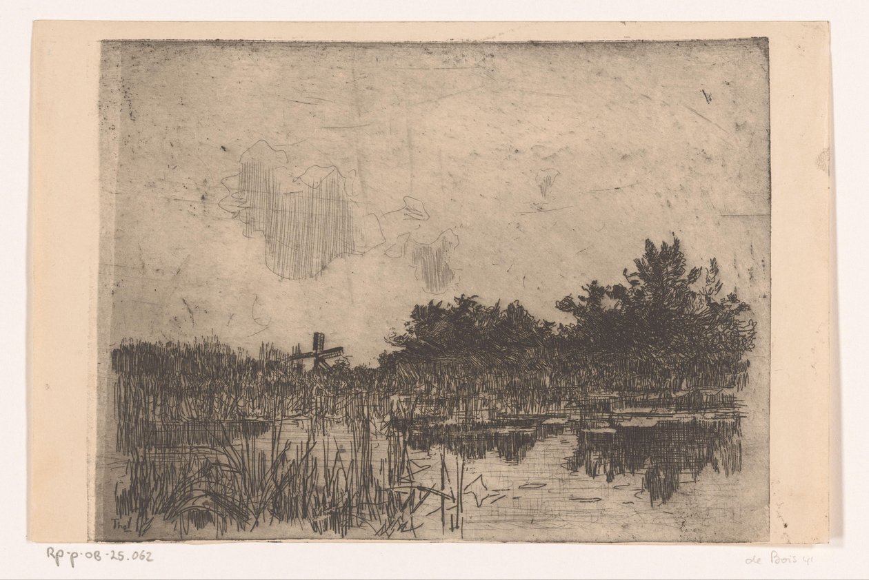 Sø med siv og vandmølle, nær Giethoorn Kolk med vandmølle (Giethoorn) (original titel) af Willem Bastiaan Tholen