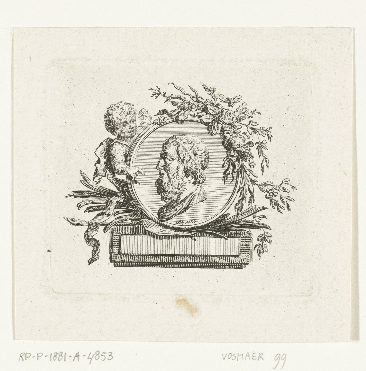Buste af Homer på en medaljon holdt af en engel og dekoreret med blomster og palmegrene af Willem Bilderdijk