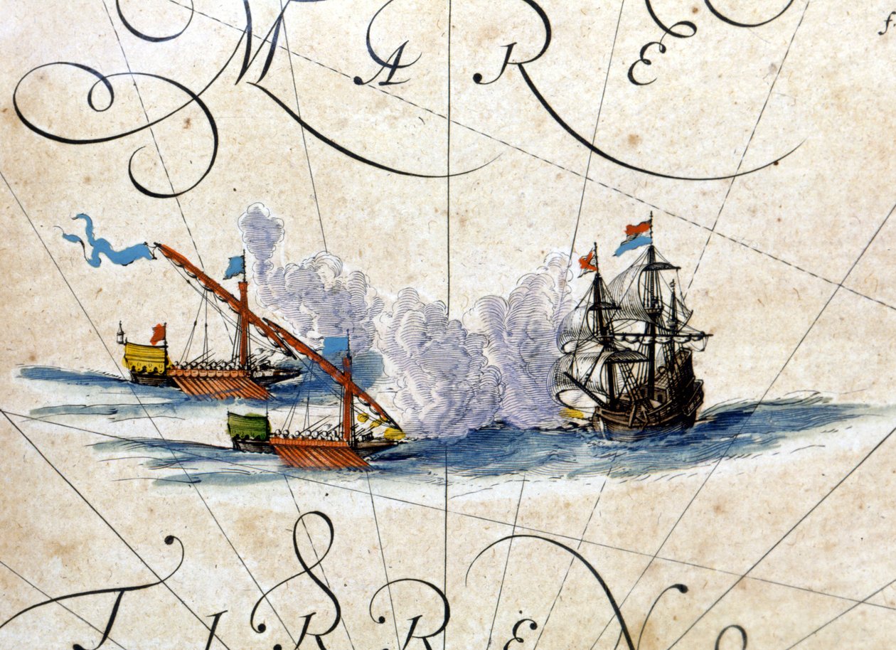 Kamp mellem to kabysser og en karak. Atlas af Willem Janszoon Blaeu (1571 - 1638) af Willem Blaeu