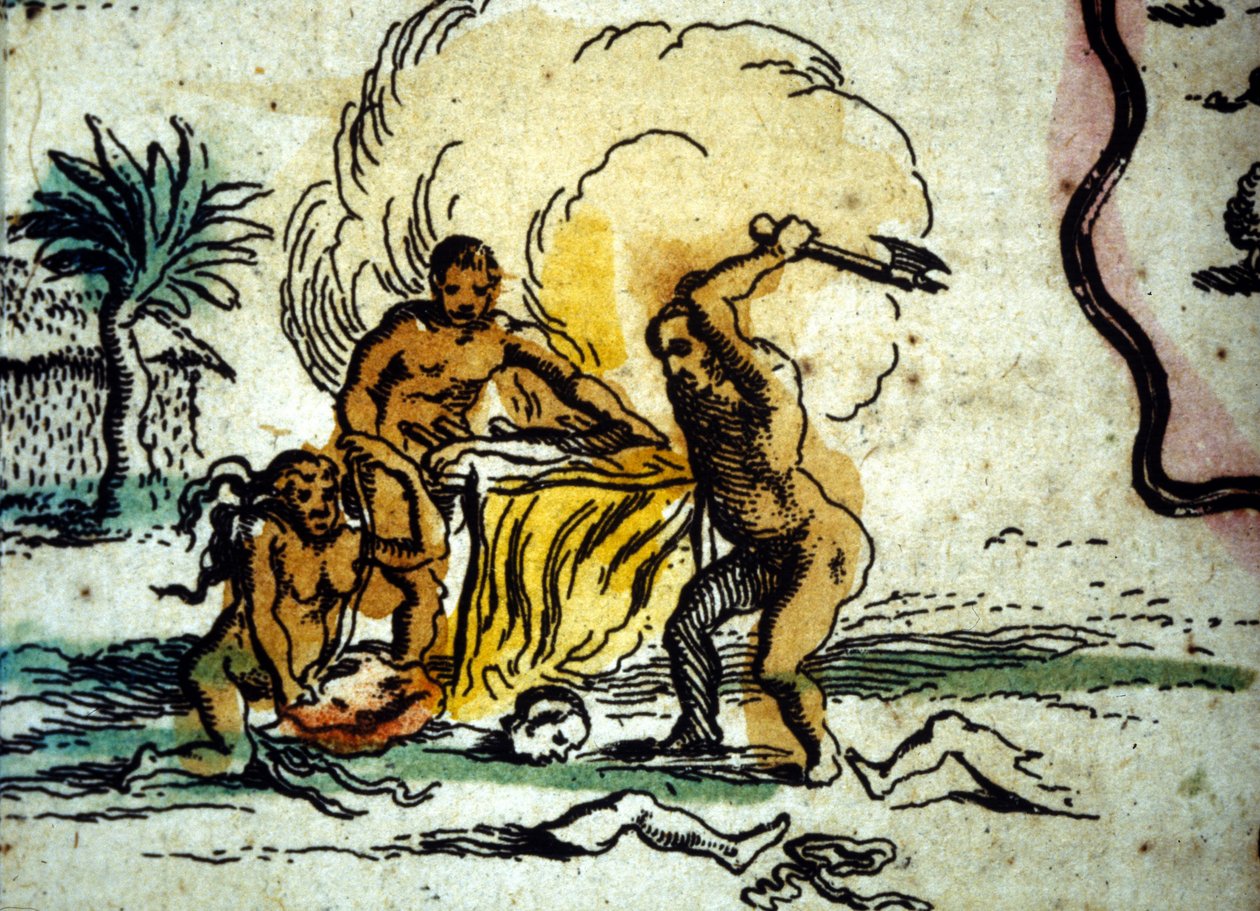 Brasilien. Kannibaler, der forestiller en mand med en økse. Detalje af et kort over Atlas of W. Blaeu af Willem Blaeu