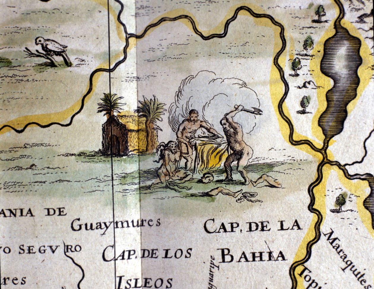 Brasilien. Kannibaler, der repræsenterer en mand med en økse. Detalje af et kort over Atlas of W. Blaeu af Willem Blaeu