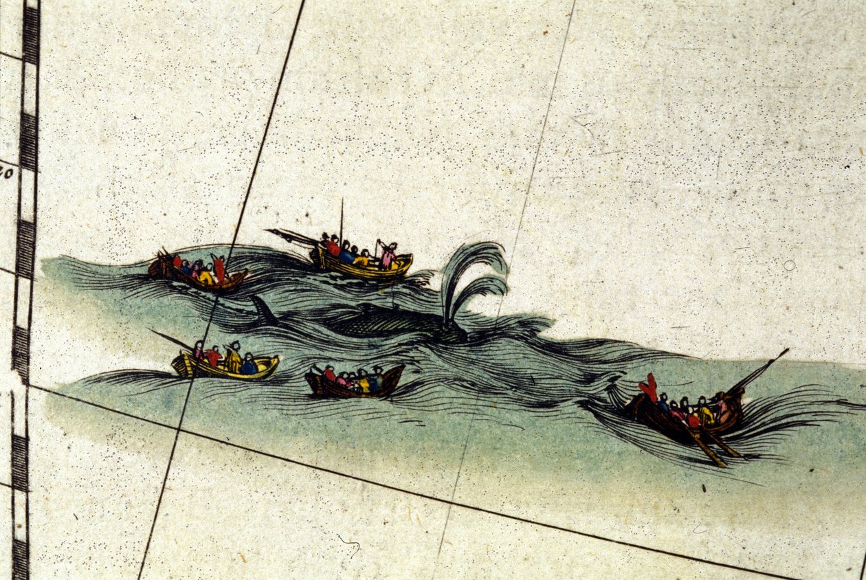 Bretonske fiskere jager hvalen med håndharpunen. Detalje fra William Blaeus Atlas, trykt i Amsterdam i 1665 af Willem Blaeu