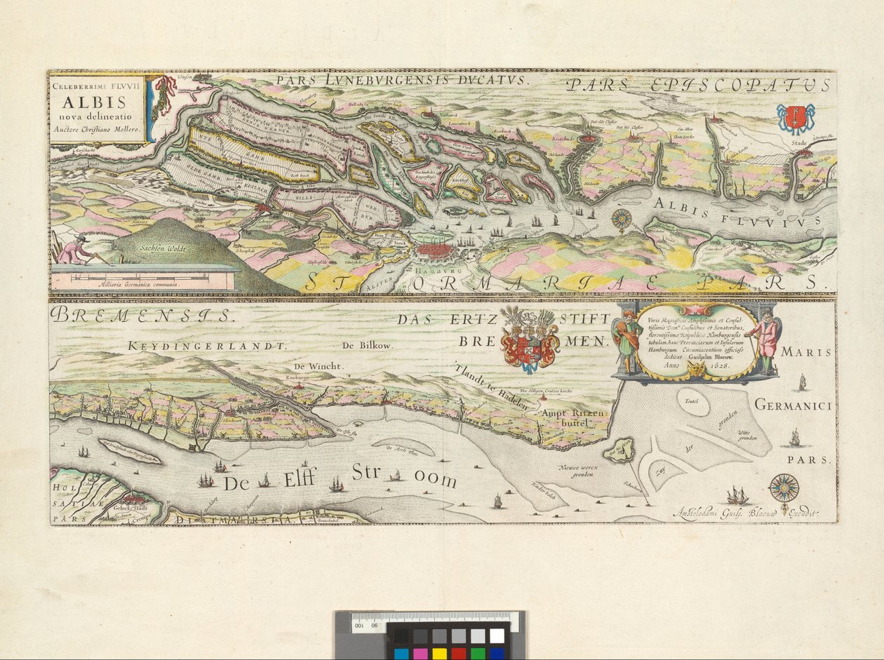 Celeberrimi Flvvii Albis nova delineatio : Viris Magnificis Amplißimis et Consultißimis Domis. Consulibus et Senatoribus, florentissimae Republicae Hamburgensis tabulam, hanc Provinciarum et Insularum Hamburgum Circumiacentium officiose dedicat / Auctore C af Willem Blaeu