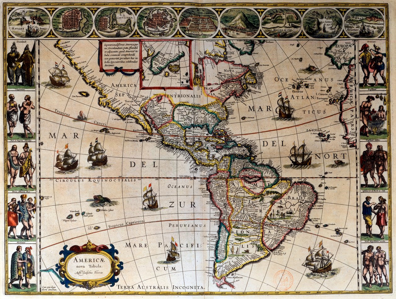 Geografisk kort over Amerika. I "" Le theater du monde ou le nouvel atlas Amsterdam"" produceret af Willem Janszoon Blaeu (1571-1638) af Willem Blaeu
