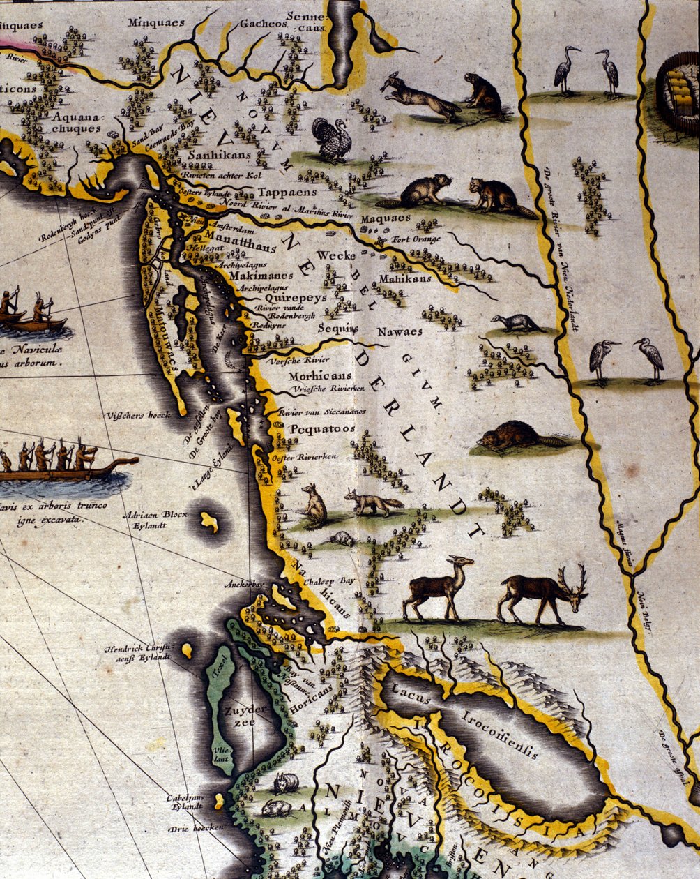Geografisk kort over det hollandske atlas fra det 17. århundrede af Wilhelm Blaeu (1571-1638), der viser amerikanske og canadiske territorier pelsdyrsfolk. Norden ligger under efter middelalderskikken. af Willem Blaeu