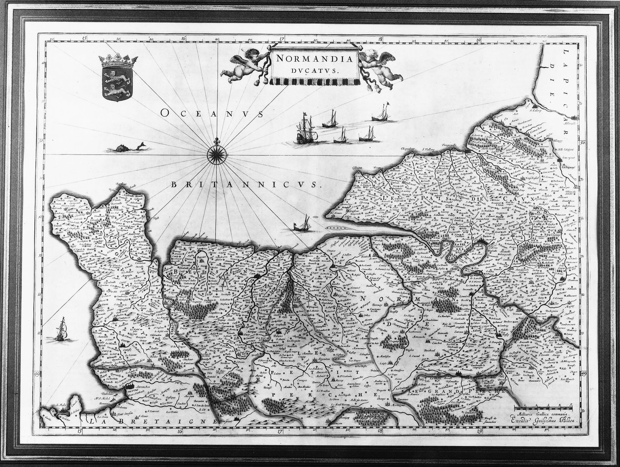 Kort over Normandiet efter en illustration fra Theatrum Orbis Terrarum eller Atlas Novus af Willem og Joan Blaeu, plade, der repræsenterer Normandiet Ducatus af Willem Blaeu