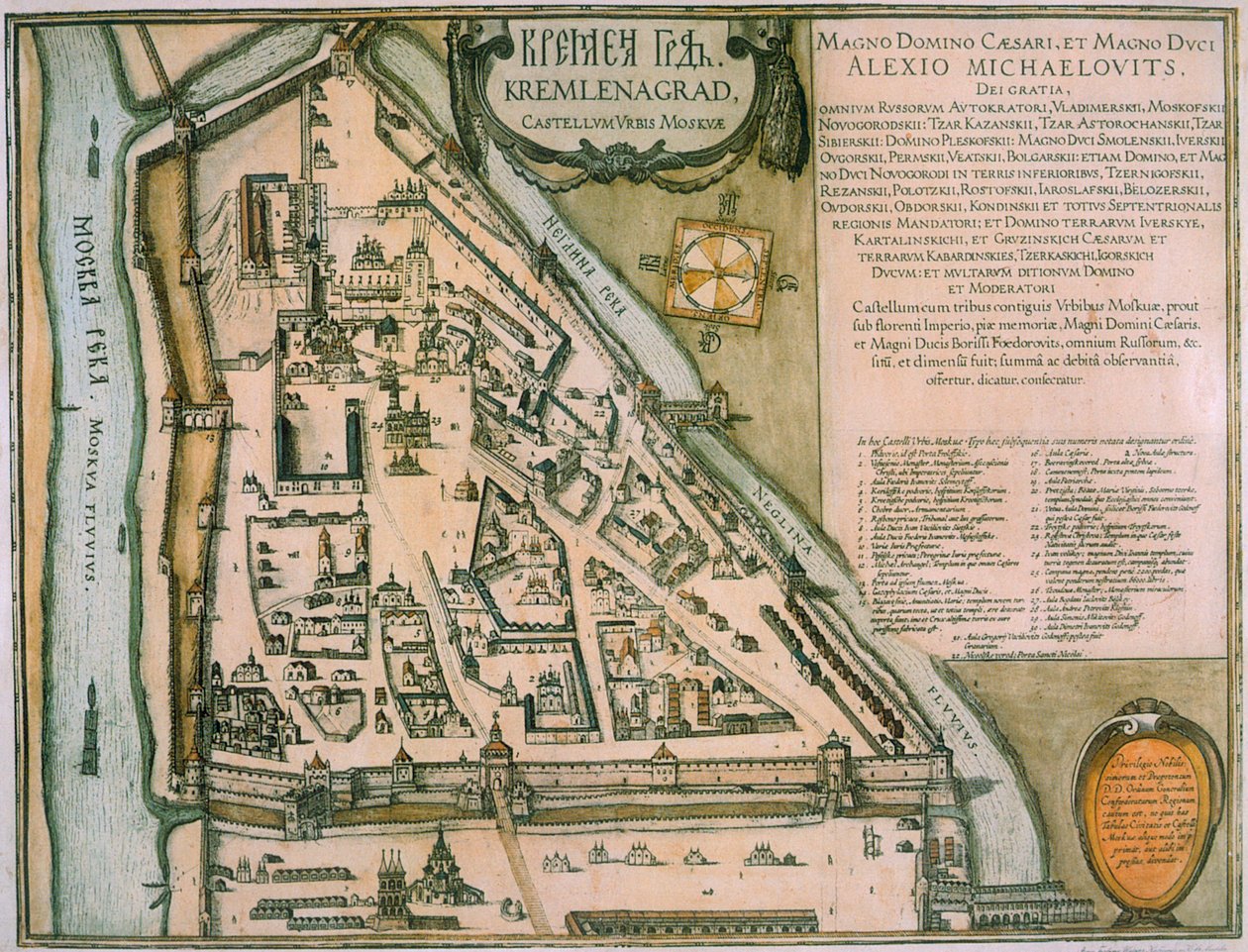 Kort over Moskvas Kreml Castellum Urbis Moskvae, Rusland, 1597 af Willem Blaeu