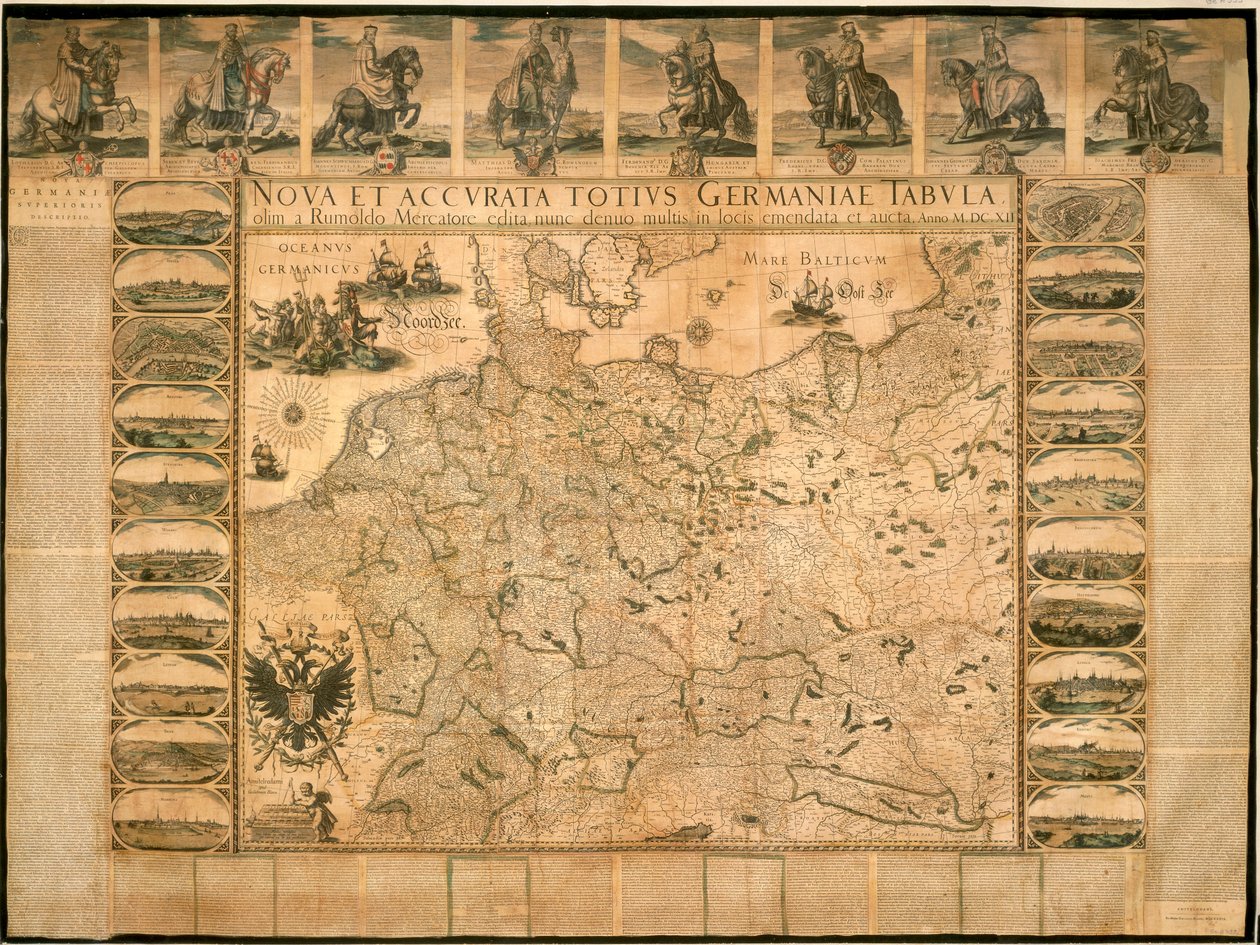 Ny og nøjagtig illustration af Tyskland i dets helhed af Willem Janszoon Blaeu, kobberstik, trykt i Amsterdam af Willem Blaeu
