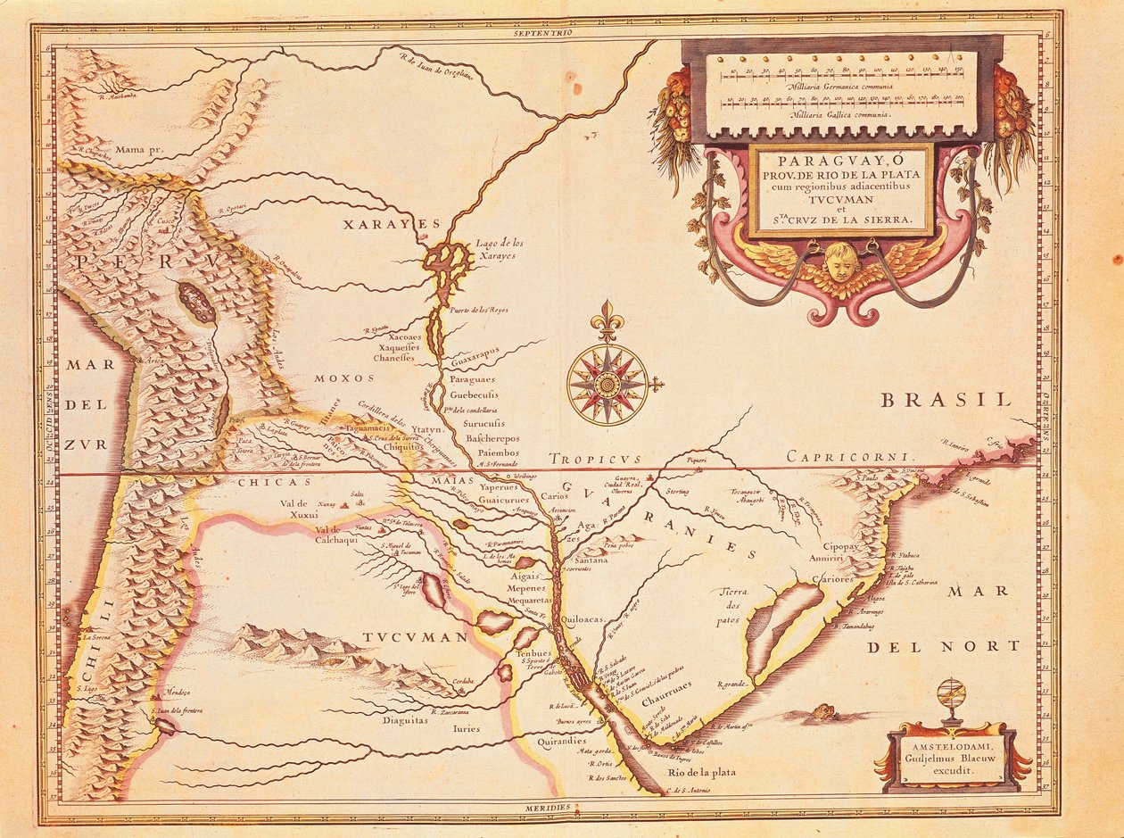 Rio de ll Plate, Silver River og Parana-bassinet i Paraguay, fra Willem Blaeus Atlas af Willem Blaeu