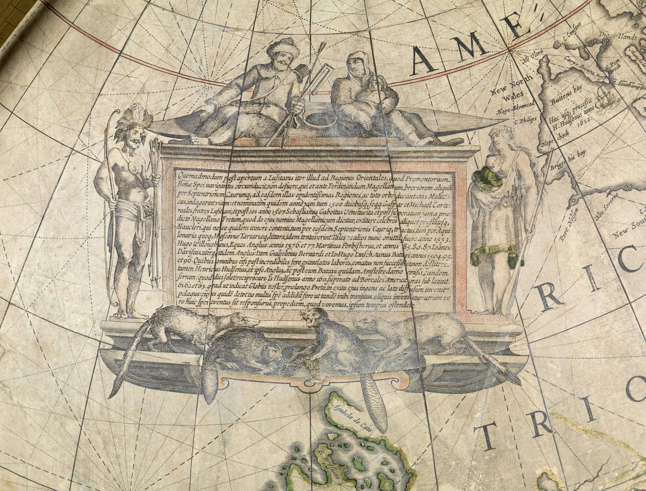 Terrestrisk gulvglobus, detalje af kartouche, ca. 1650 (papmaché, gips, kobbergravering, blæk, lak, messing, træ, papir) af Willem Blaeu