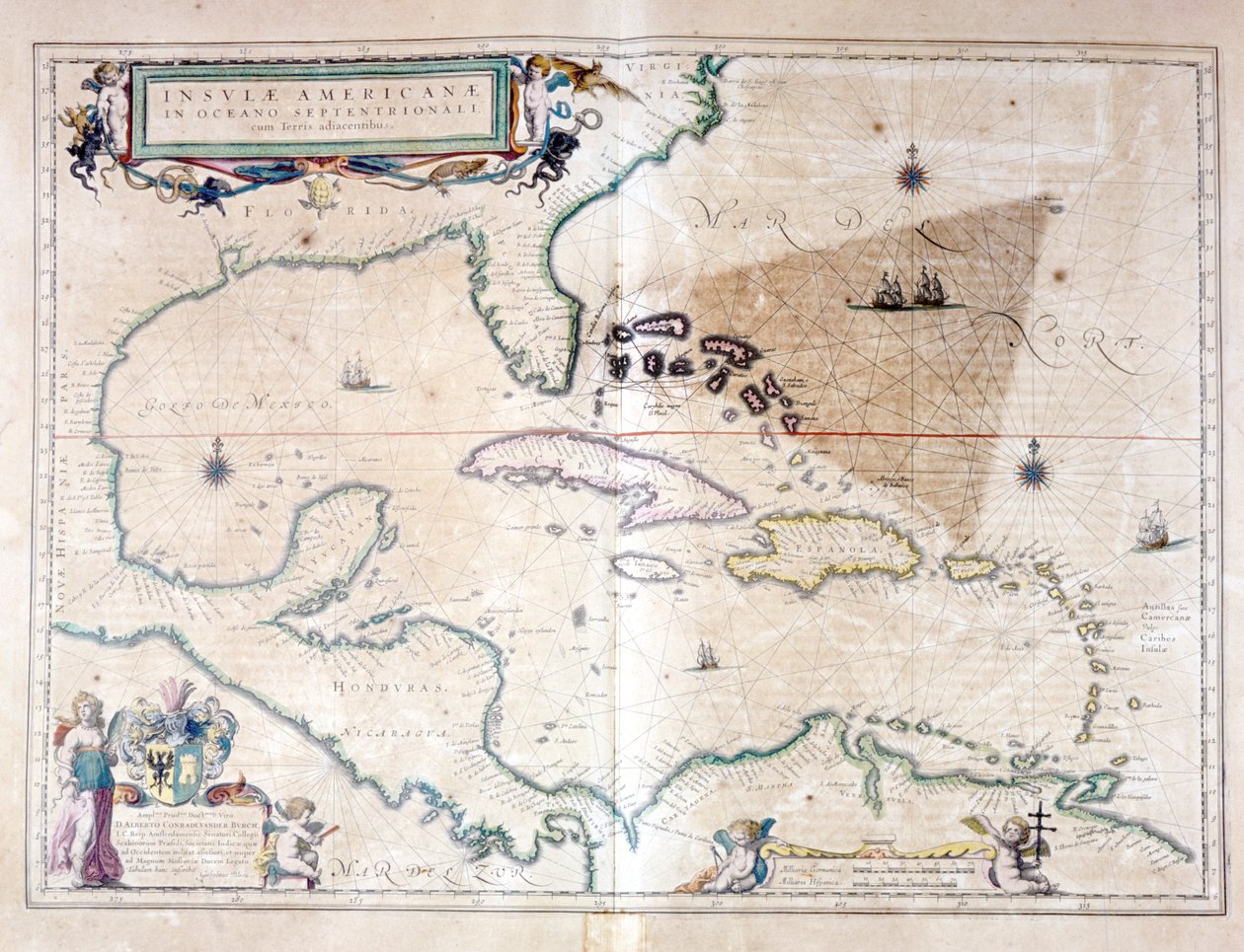 Det Caribiske Hav: Du kan se Bermuda-trekanten mellem Bermuda-øgruppen, Miami og Puerto Rico. Ifølge Wilhelm Blaeus Atlas af Willem Blaeu