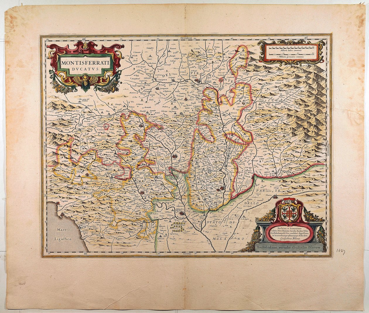 Hertugdømmet Monferrato, kort af Willem Blaeu, Amsterdam, Kobberstik af Willem Blaeu