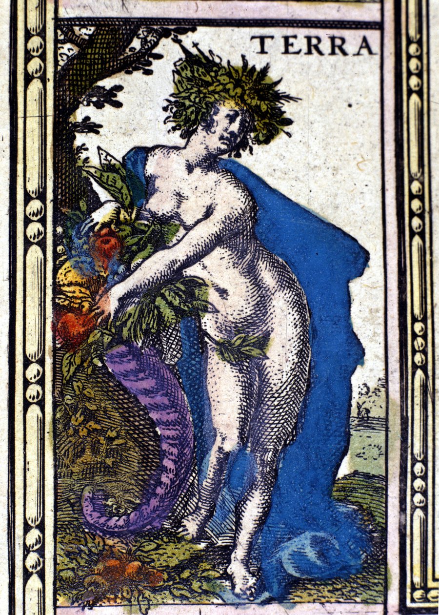 Jorden, et af de fire elementer repræsenteret i Atlas of W. Blaeu trykt i Amsterdam i 1655. af Willem Blaeu