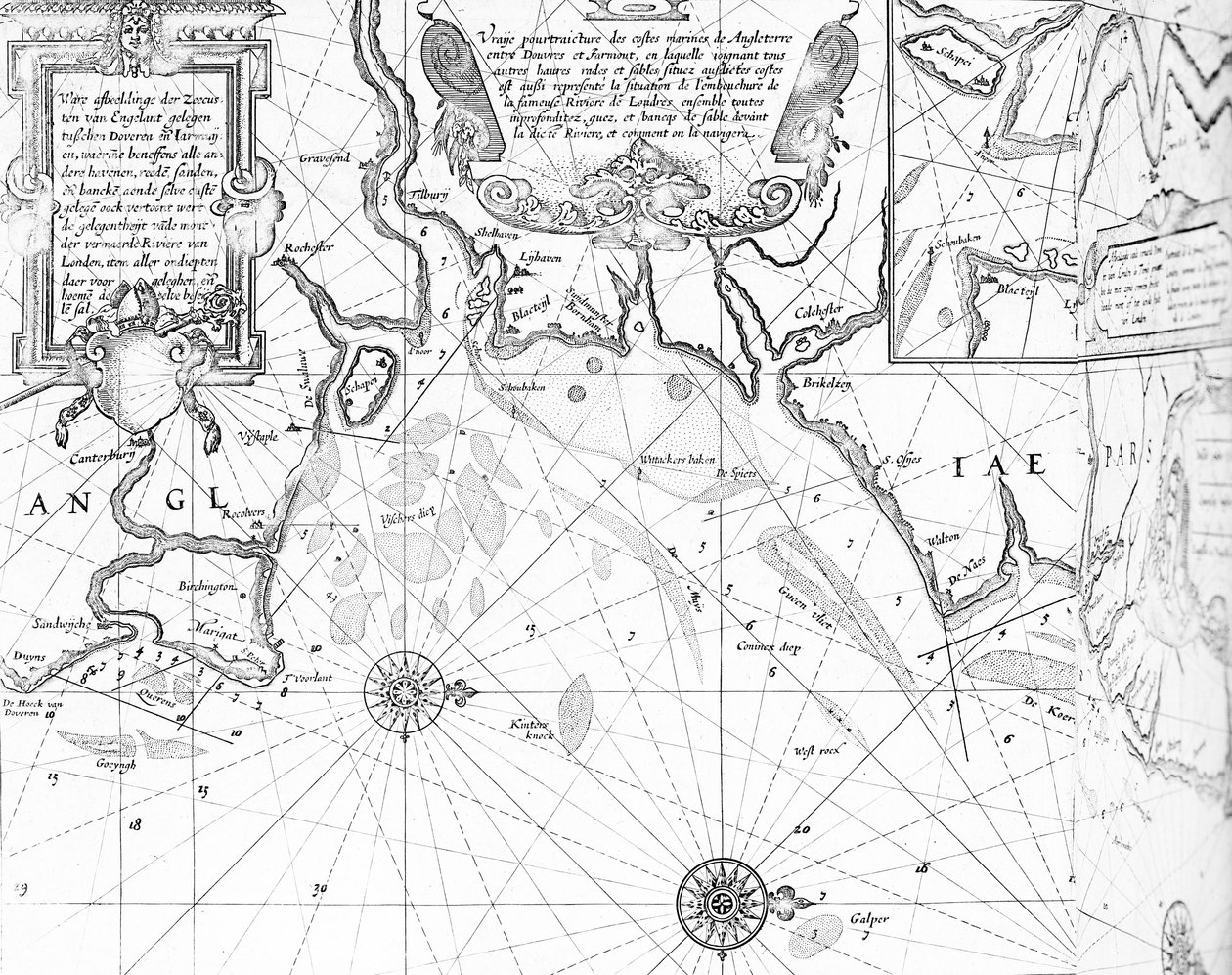 Themsens flodmunding fra The Sea-Mirrour atlas af Willem Janszoon Blaeu, udgivet i Amsterdam i 1633. af Willem Blaeu