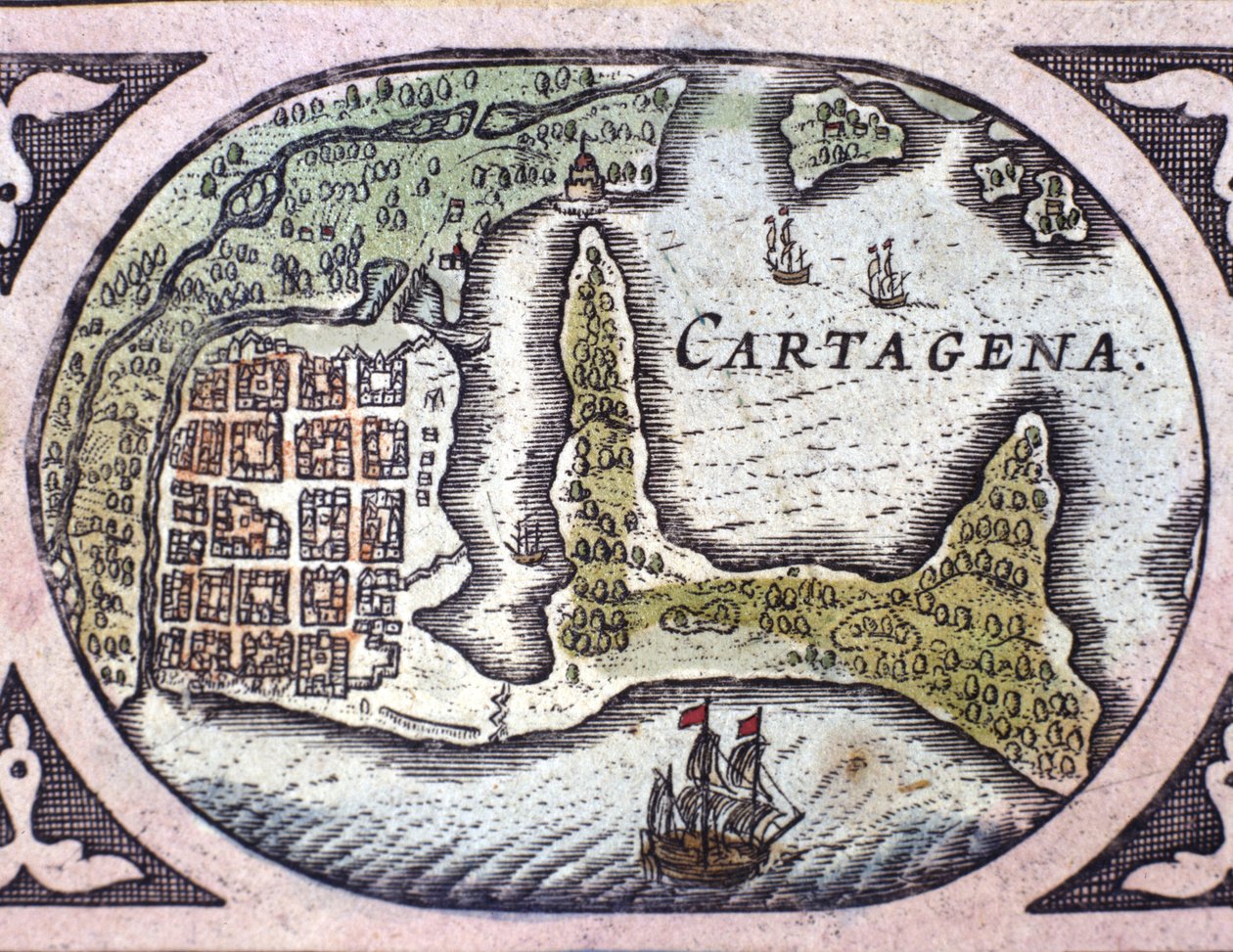 Udsigt over Cartagena i Colombia (Sydamerika). Detalje af et kort over Atlas "" Le Theatre du Monde"" af Willem Janszoon Blaeu (1571-1638) af Willem Blaeu