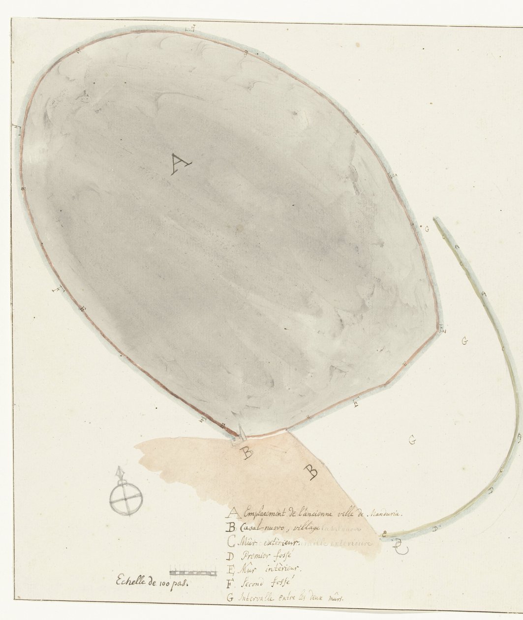 Plattegrund med dimensioner af gamle stad Manduria Målt plan af den ydre og indre mur indhegning af det gamle Manduria, af Mr. Dierquens Rejser i Italien, Sicilien og Malta - 1778 (serietitel) af Willem Carel Dierkens