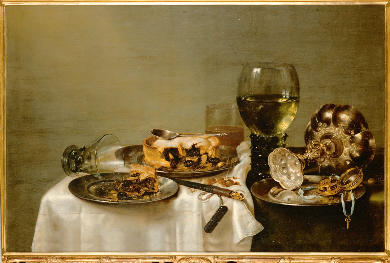Morgenbord med brombærkage (maleri på træ) af Willem Claesz. Heda